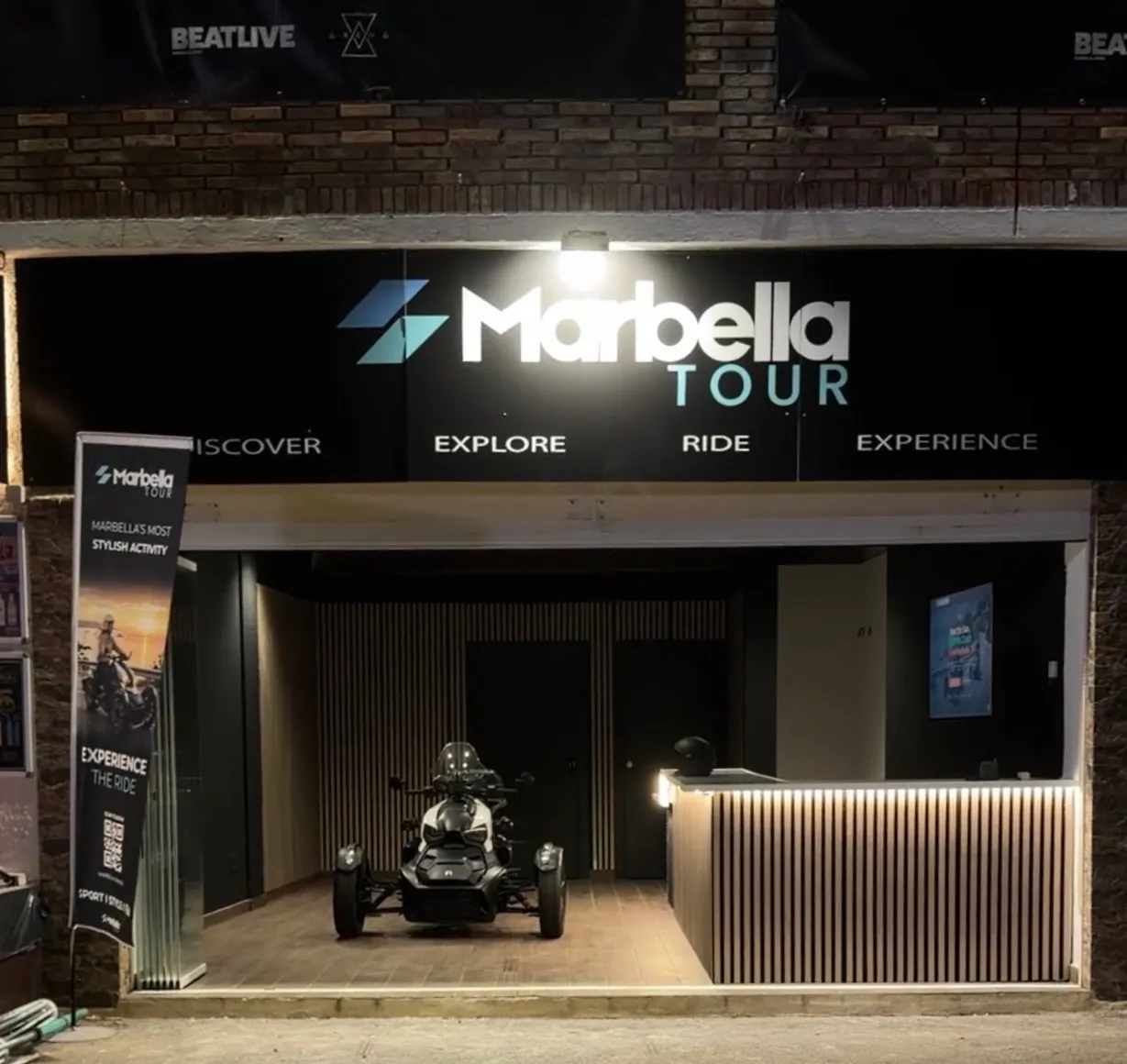 Marbella Tour — Marbella Arena, Pl. de Toros Antigua Marbella Tour shop front at Marbella Arena, Plaza de Toros Antigua, with the Can-Am Ryker on display