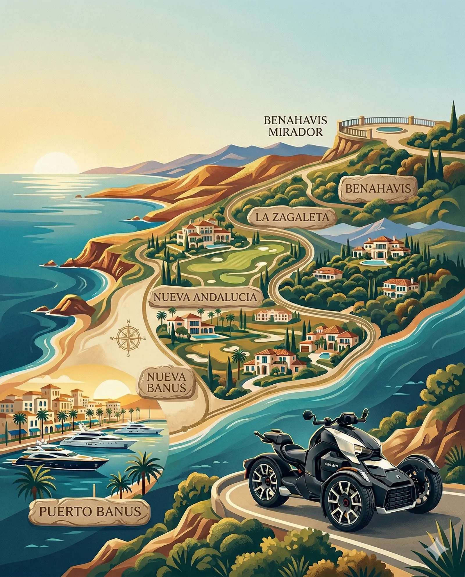 Illustrated map of the Marbella Tour Can-Am Ryker route — Puerto Banús, Nueva Andalucía, La Zagaleta, Benahavís