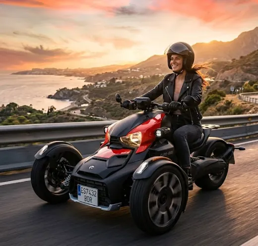 Woman riding a Can-Am Ryker along the Costa del Sol at sunset