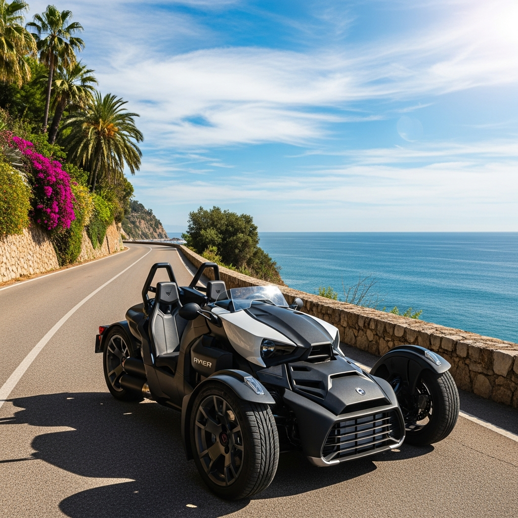 Can-Am Ryker parked on a scenic coastal road Can-Am Ryker parked on a scenic coastal road