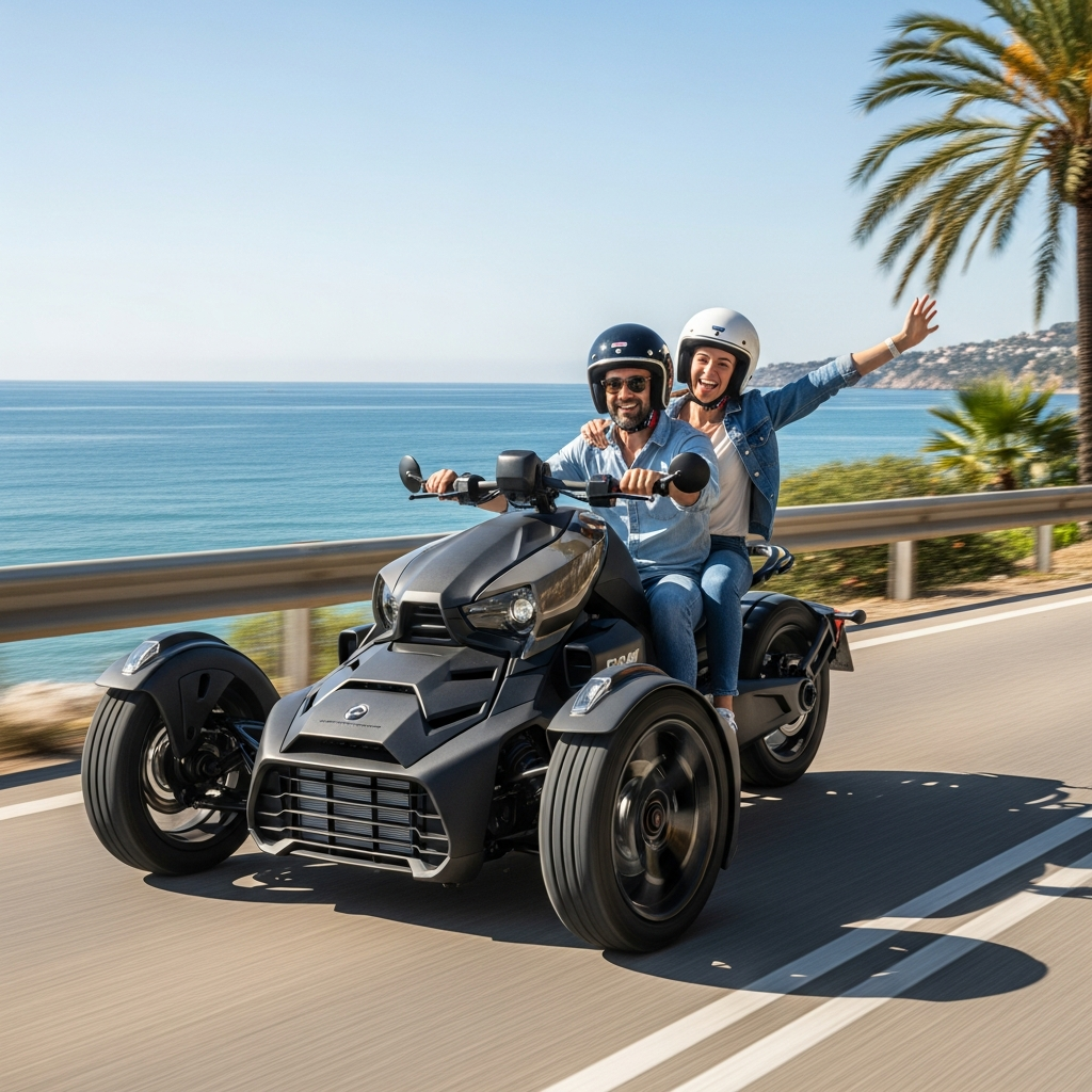 Couple riding a Can-Am Ryker along the coast Couple riding a Can-Am Ryker along the coast