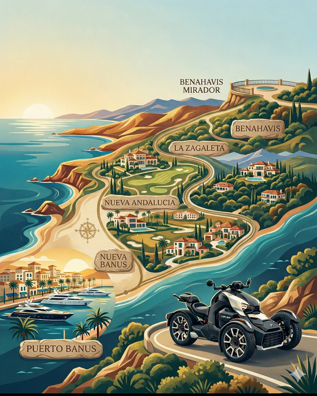 Map of the Can-Am Ryker tour route from Puerto Banús to Benahavis Marbella