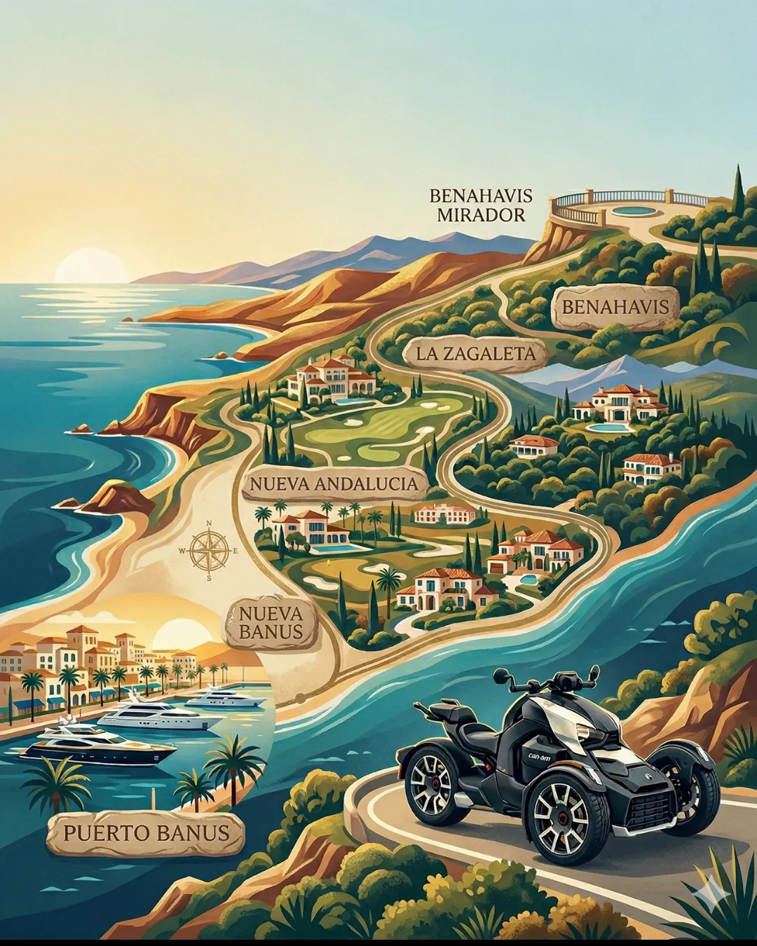 Map of the Can-Am Ryker tour route from Puerto Banús to Benahavis Marbella