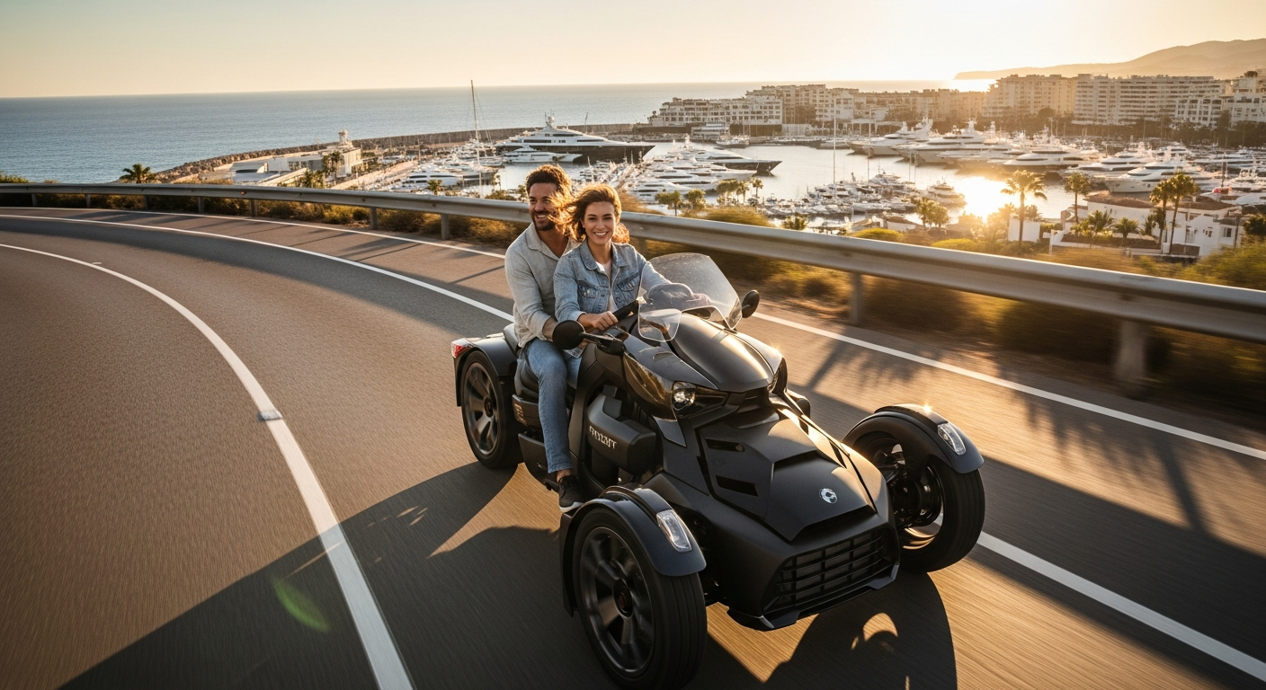 Couple riding Can-Am Ryker along the coast near Puerto Banús Marbella